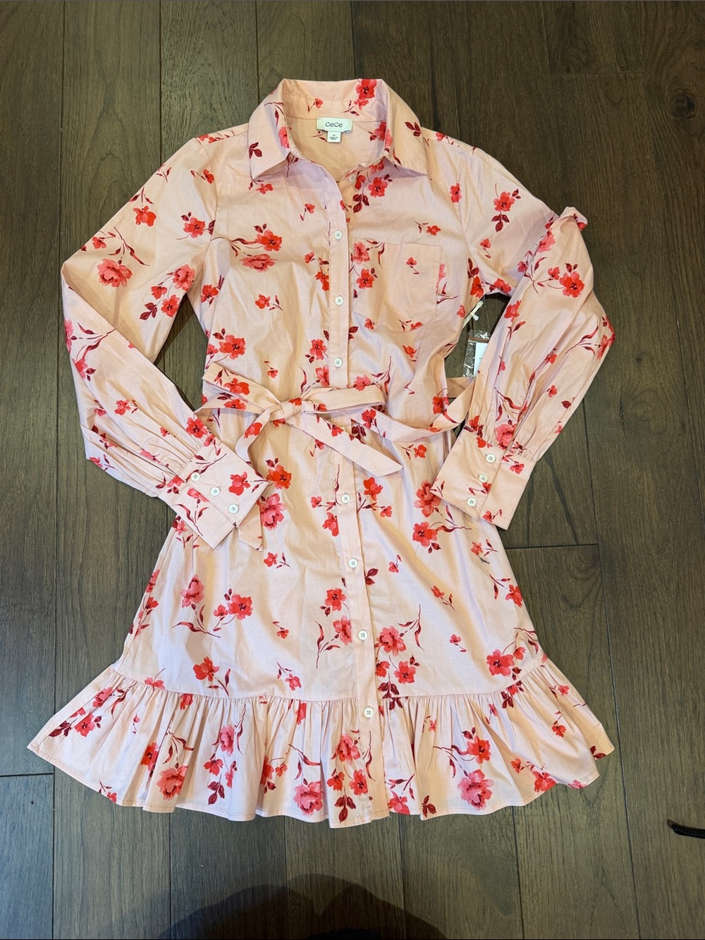 CeCe Pink Ruffle Floral Print Tie Waist Shirtdress Size 00 NWT - C72-109